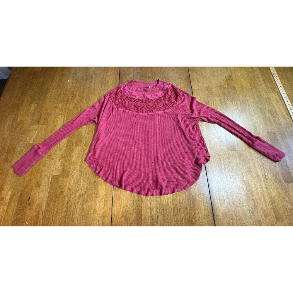 Free People Women’s  Size XS Burgundy Pink Waffle Knit Lace Thermal Shirt Top